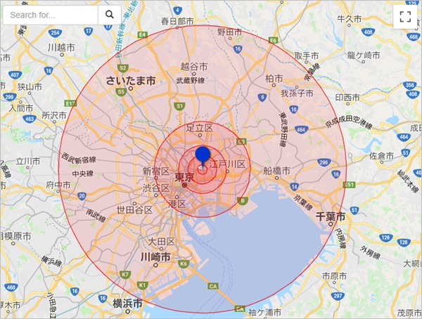Googleマップ 地図に距離の円を描く方法 アプリの鎖