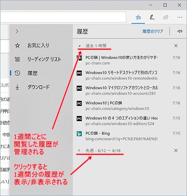 Windows10 Edgeでページの閲覧履歴を表示する Pcの鎖